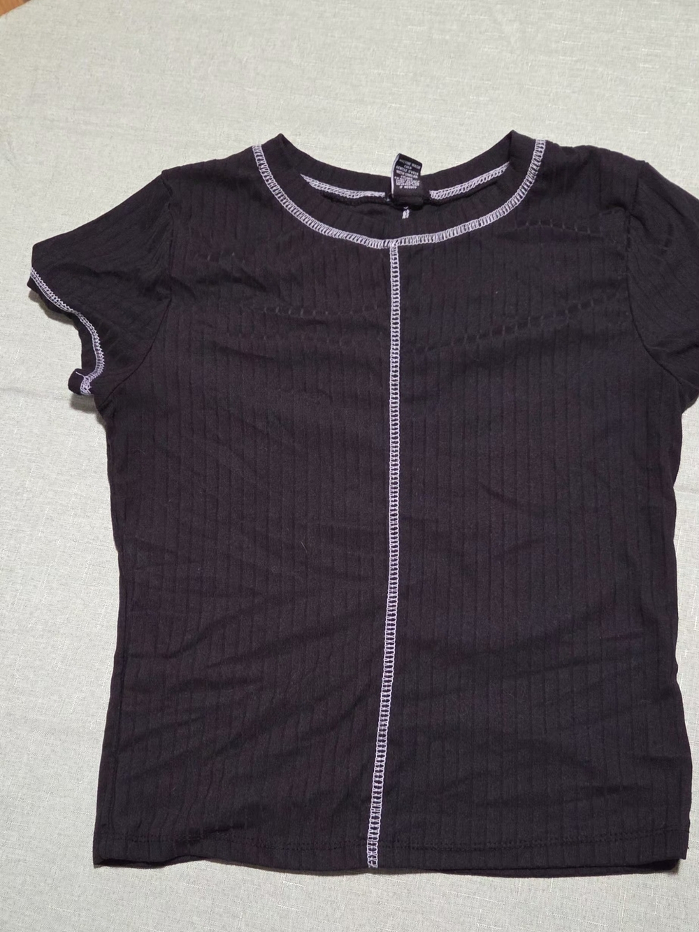 Black Ribbed Tee with Contrast White Stitching